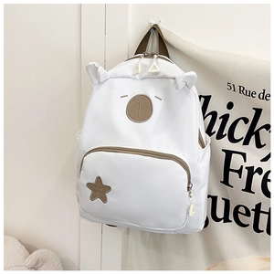 Close-up detail of cartoon animal backpack with 3D ears and khaki contrast zipper
