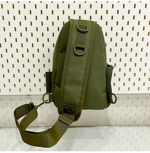 Tactical army green crossbody bag showing side mesh pocket and front D-ring buckle
