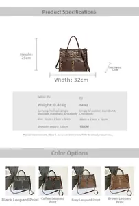 Detailed technical diagram showing dimensions and features of leopard print tote bags