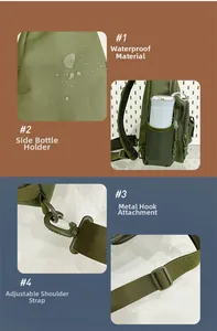 Detail of waterproof nylon sling bag showing mesh side pocket and durable hardware hooks