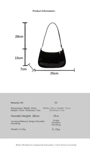 Detailed size chart for solid color PU shoulder bag showing 25x15x7cm dimensions