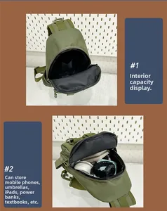 Detail showing tactical army green nylon bag capacity for iPad, umbrella and phone