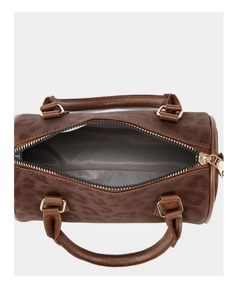 Top view of suede leopard print bucket bag showing interior lining and large capacity