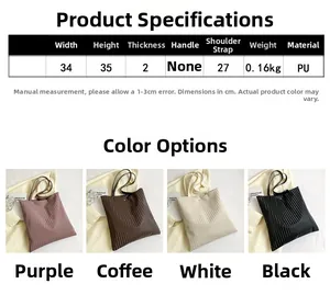 Size chart and dimensions for large capacity PU tote bag in purple brown white and black