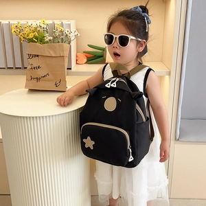 Cute black 3D animal ear kids backpack with star patch and brown contrast zippers
