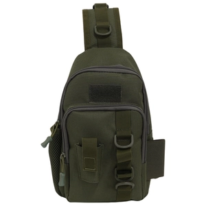 Detailed front view of tactical crossbody bag with MOLLE webbing and velcro area