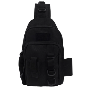 Detailed close-up of tactical black shoulder bag showing durable fabric and MOLLE webbing