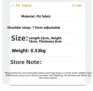 Detailed specifications of the Japanese style clear PU bag with adjustable strap and size info
