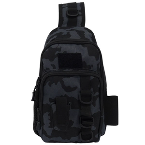 Tactical sling bag in black camouflage with Molle webbing and D-rings for outdoor gear