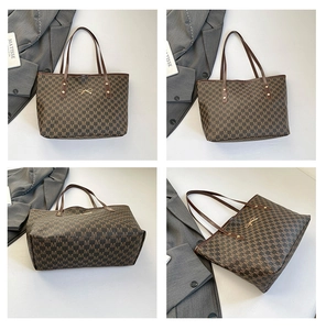 Detailed views of brown tote bag with M-letter pattern and golden bow hardware