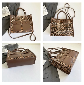 Detailed four-way view of leopard print tote bag with brown leather trim and pockets
