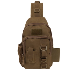 Tactical coyote brown shoulder bag with MOLLE webbing and mesh water bottle pocket