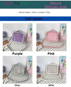 Collage of transparent window ita bags in purple pink silver and white PU leather