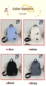 Detailed grid view showing nylon crossbody bag in blue, white, black and grey colors