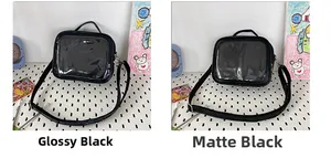 Detail comparing shiny patent leather and matte finish of black ita bags with adjustable straps