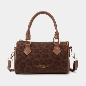 Vintage Korean Style Leopard Print Boston Bag For Women Suede Leather Shoulder Bag Crossbody Pillow Bag Handbag