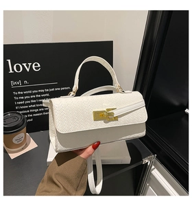 Detailed close-up of woven texture on a white crossbody bag with gold metallic lock