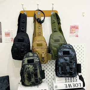 Tactical nylon crossbody bags in black, khaki, and camouflage with MOLLE webbing system