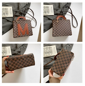 Detail view of vintage brown monogram shoulder bag from front, back, side and bottom angles