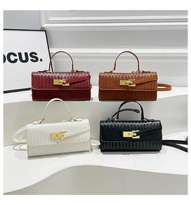 Collection of minimalist woven texture crossbody bags in burgundy, brown, white, and black