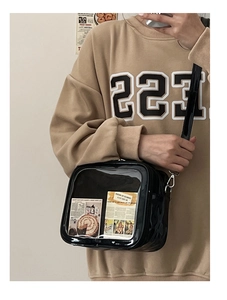 Close-up of black glossy leather ita bag with a large transparent PVC window for display