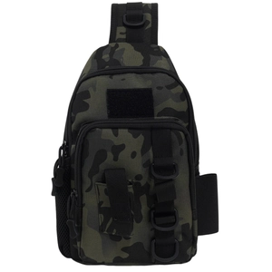Tactical camouflage shoulder bag with MOLLE system and multiple zipper pockets for outdoor use