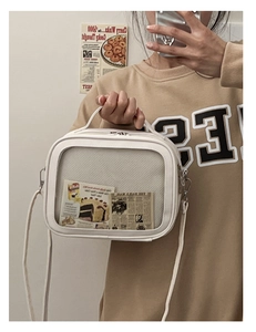 Detail view of white ita bag with transparent window, metal zippers and top handle