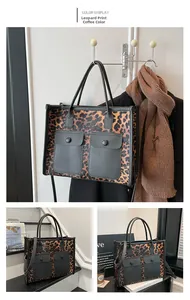 Detailed views of leopard print tote bag featuring black utility pockets and crossbody strap