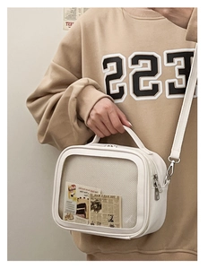 Detailed view of white PU crossbody bag with transparent PVC window for anime accessories