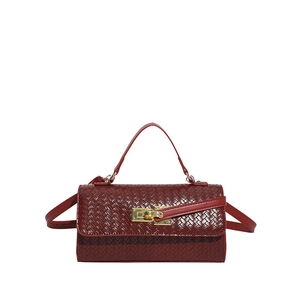 Fashionable woven texture wine red handbag with golden twist lock for office and daily wear