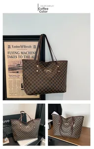 Detail of coffee tote bag featuring M-pattern print and a golden metal bow decoration