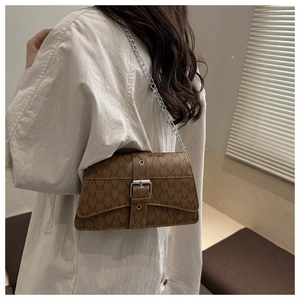 Close-up of brown letter-print shoulder bag with silver chain and metal buckle detail