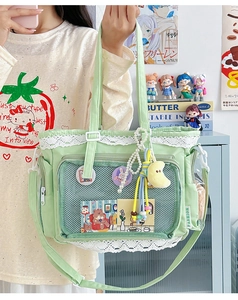 Detailansicht der mintgrünen Ita Bag mit transparentem Sichtfenster und weißem Spitzenrand