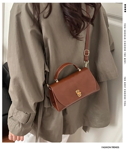 Brown leather crossbody bag with gold twist lock shown on model in olive green jacket