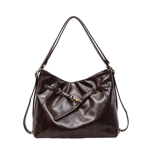 Retro brown oil wax leather tote backpack with gold ring buckle for women commute