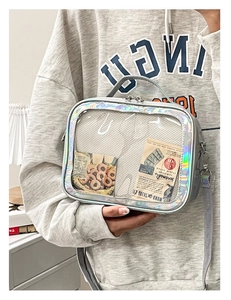 Detail view of transparent holographic crossbody bag with silver laser trim and metal D-rings