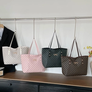 Sac Cabas Femme Grande Capacité Cuir Synthétique Imprimé Monogramme Sac à Épaule Avec Nœud Papillon Sac à Main Urbain
