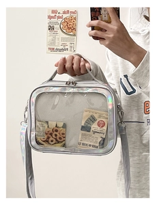 Detail view of transparent PVC crossbody bag featuring silver laser leather trim and wide strap