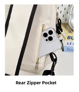 Detail of off-white backpack featuring back zipper anti-theft pocket for smartphone