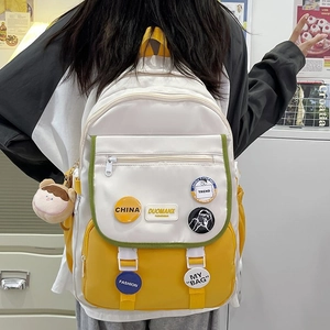 Minimalist color-block school backpack with cute patches and plush doll pendant