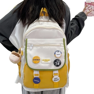 Cute Korean style contrast school backpack in beige and yellow with plush bear charm