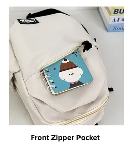 Detail view of off-white crossbody bag front pocket with zipper and black brand label