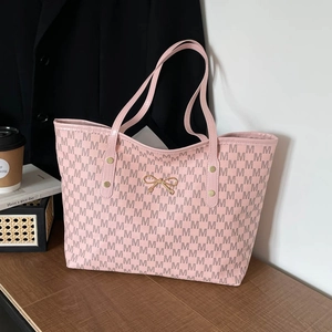 Grand sac cabas rose à monogramme avec boucle noeud doré pour le bureau chic
