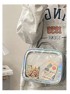 Detailed view of clear PVC ita bag with holographic trim and silver zipper closure