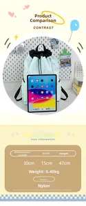 Size chart for blue nylon drawstring backpack with 30x15x47cm dimensions and tablet comparison