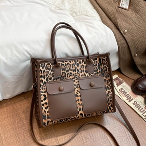 Leopard print patchwork tote bag with double pockets and adjustable shoulder strap