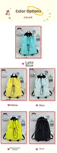 Detail showing five colorful drawstring backpacks displayed on a pegboard background