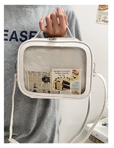 Detail of white clear ita bag with a transparent display window and retro newspaper card