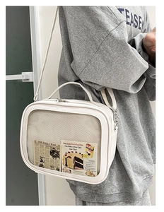Detail of white PU leather Ita bag with clear PVC window and removable canvas strap
