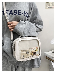 Close-up of white PU leather ita bag with clear window and silver metallic zipper